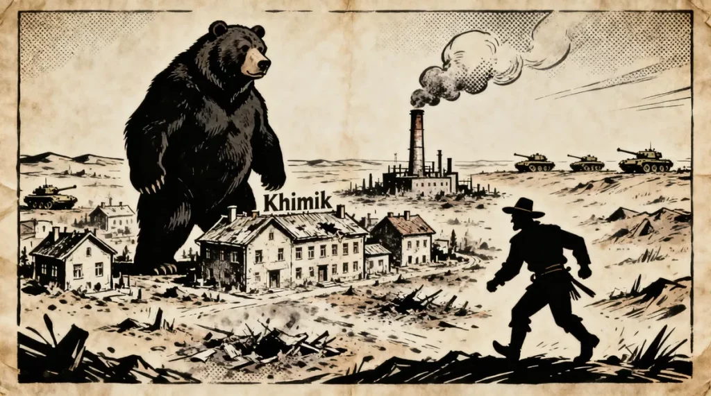 Ilustração editorial sobre Forças russas assumem controle de Khimik na República Popular de Donetsk. (Ilustração: Cafezinho /