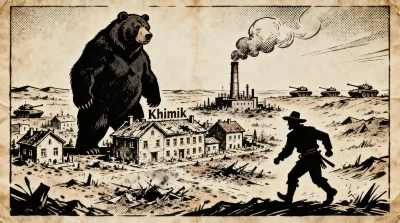 Ilustração editorial sobre Forças russas assumem controle de Khimik na República Popular de Donetsk. (Ilustração: Cafezinho /