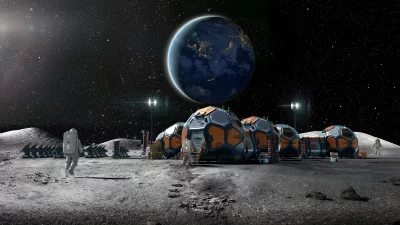 Astronauta caminha em base lunar com módulos e Terra ao fundo. (Foto: space.com)