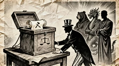 Ilustração editorial sobre Irã, Rússia e China criticam duramente resolução ocidental na AIEA. (Ilustração: Cafezinho / Wan 2