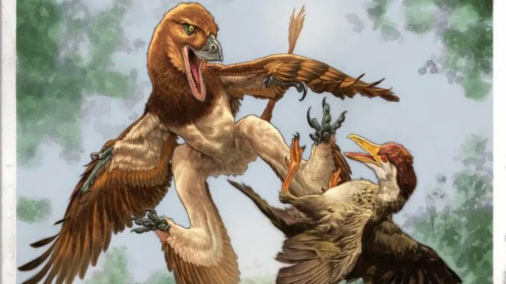 Ilustração de um dinossauro com quatro asas caçando uma ave em meio a floresta. (Foto: livescience.com)