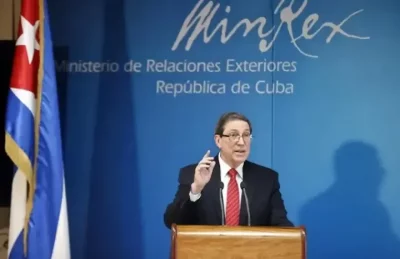 O ministro de Relações Exteriores de Cuba, Bruno Rodríguez, discursa em coletiva no Ministério das Relações Exteriores do paí