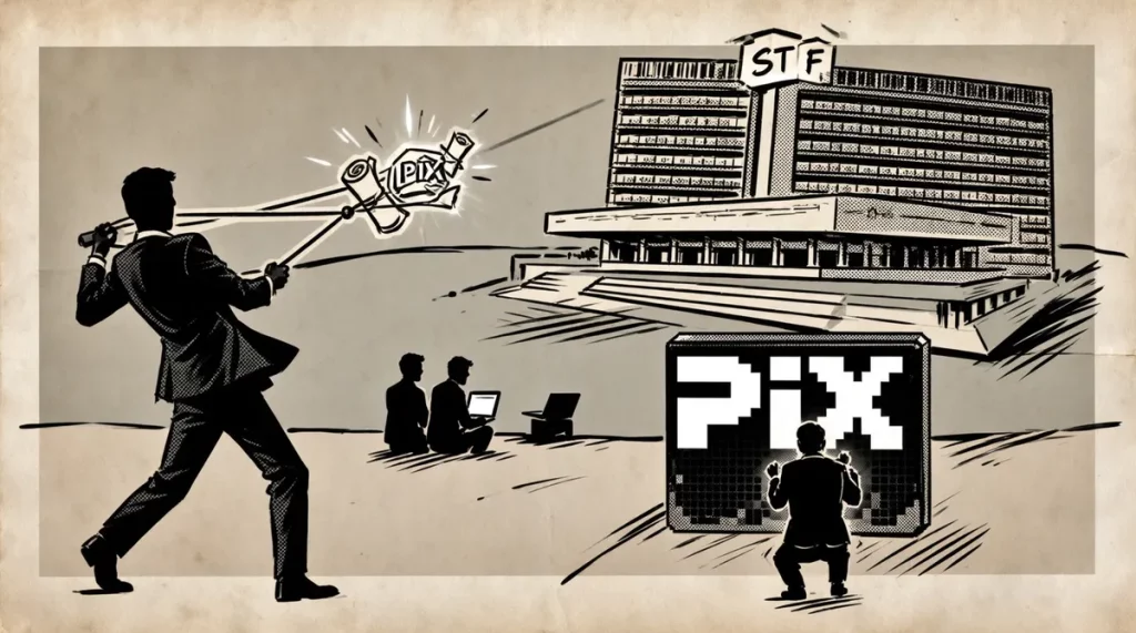 Ilustração editorial sobre Ustr usa tarifas e pix para atacar STF e blindar Flávio Bolsonaro em 2026. (Ilustração: Cafezinho
