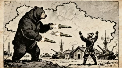 Ilustração editorial sobre Ministério da Defesa da Rússia anuncia ataques a infraestrutura militar ucraniana. (Ilustração: Ca