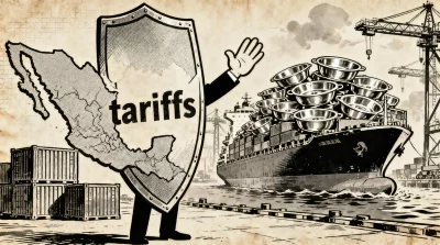 Ilustração editorial sobre México prorroga por cinco anos tarifas sobre pias chinesas. (Ilustração: Cafezinho / Wan 2.6)