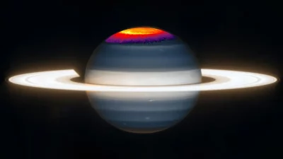Imagem de Saturno com destaque na região polar, ilustrando a descoberta sobre sua rotação. (Foto: sciencedaily.com)