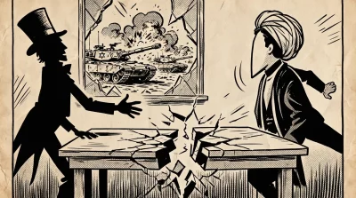 Ilustração editorial sobre Irã suspende negociações com EUA após Israel expandir ofensiva no Líbano. (Ilustração: Cafezinho /