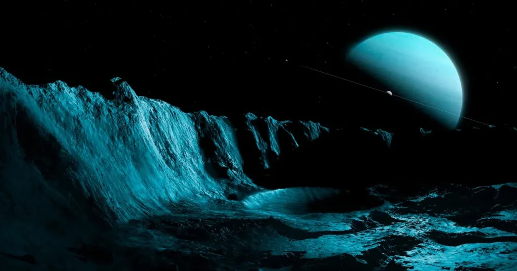 Representação artística da superfície de uma lua de Urano com o planeta ao fundo. (Foto: wired.com)