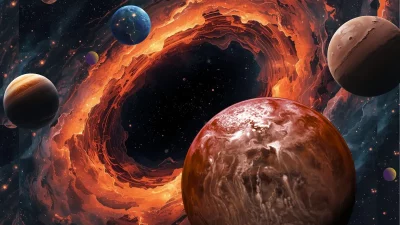 Representação artística de um buraco negro ativo com planetas ao redor. (Foto: www.space.com)