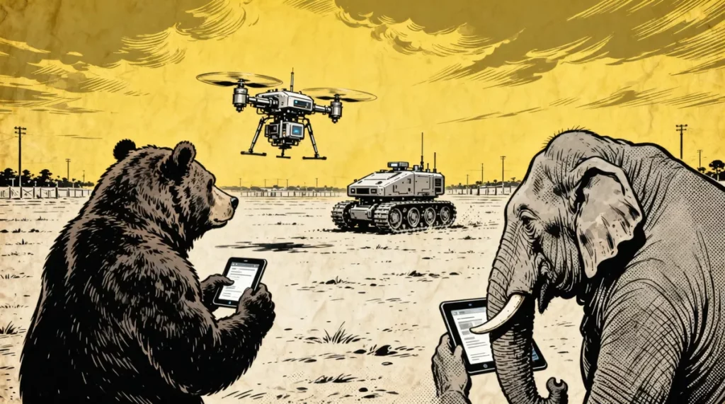 Ilustração editorial sobre Rússia e Laos aprofundam cooperação militar com exercício que emprega drones e robótica de combate
