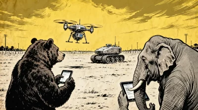 Ilustração editorial sobre Rússia e Laos aprofundam cooperação militar com exercício que emprega drones e robótica de combate