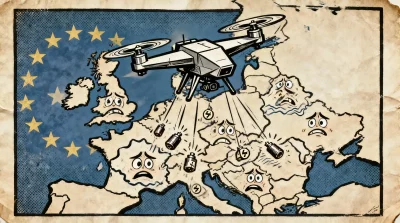 Ilustração editorial sobre Drones ucranianos atingem países da União Europeia e aumentam tensões diplomáticas. (Ilustração: C