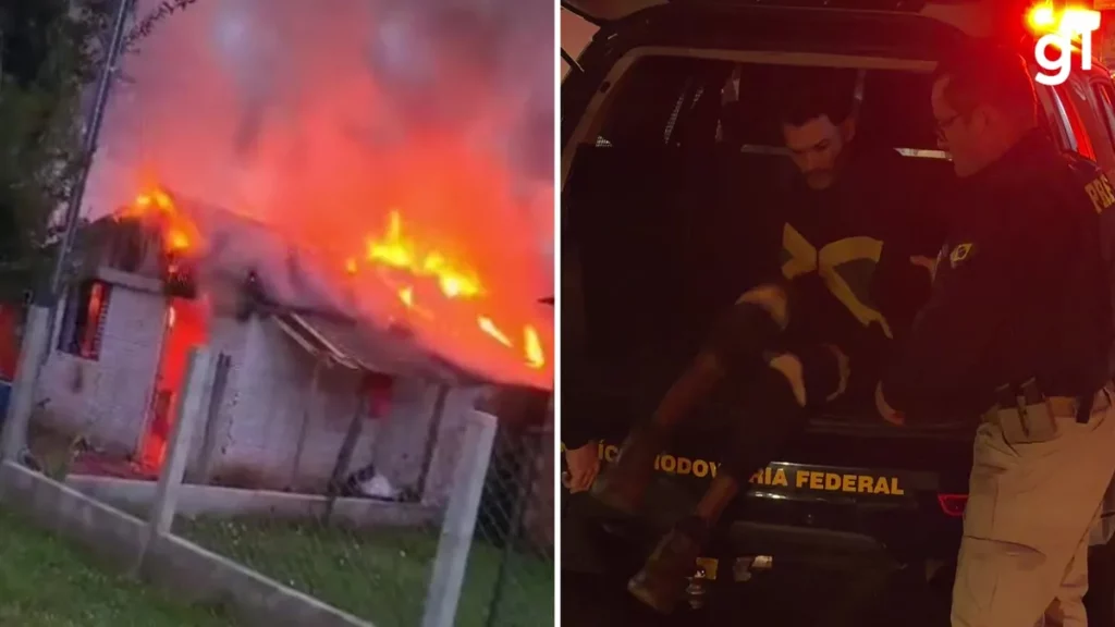 Casa em chamas é vista no local do incêndio que vitimou adolescente; suspeito é detido pela polícia. (Foto: g1.globo.com)